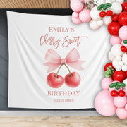 Cherry Sweet Birthday Party Decor Couquette Bow Cherries Backdrop