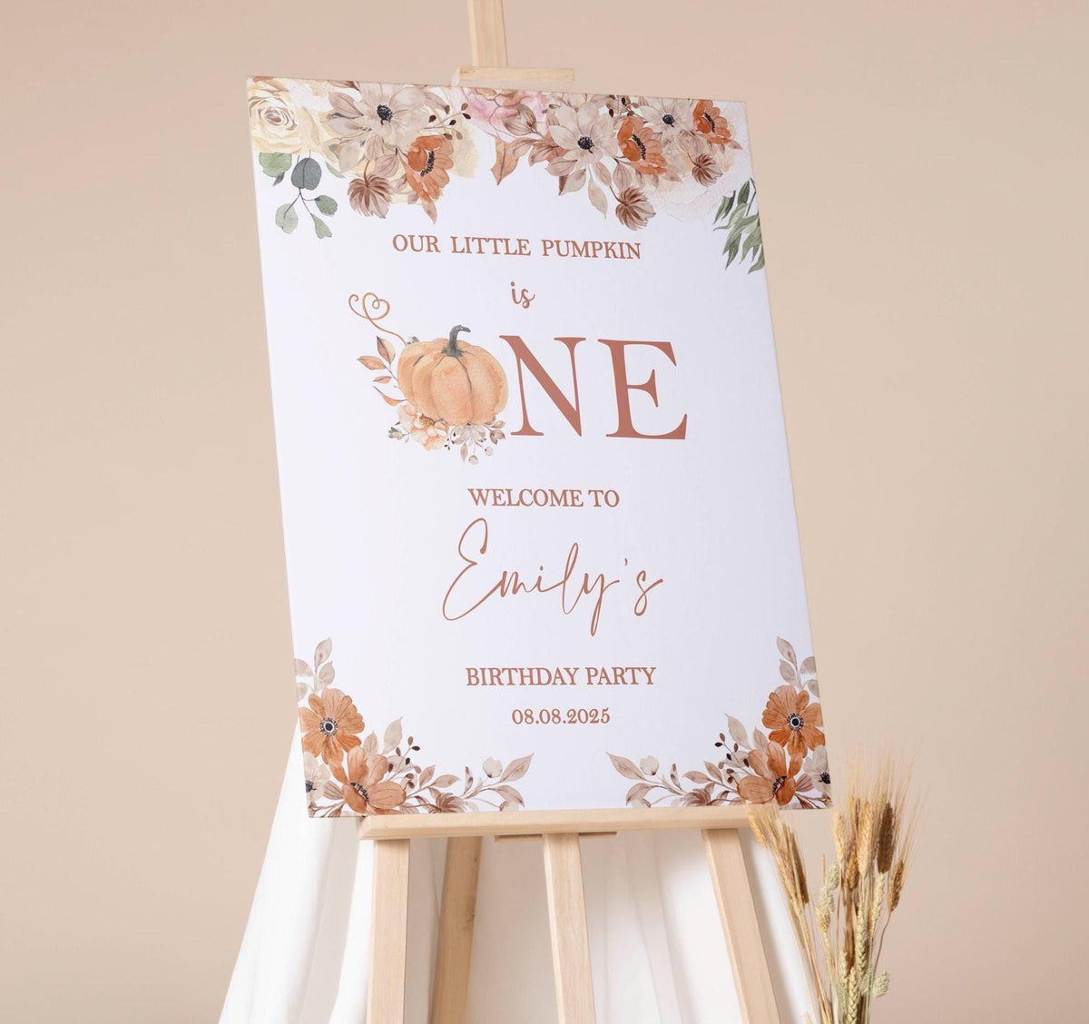 Printed Autumn First Birthday Sign Boho Rustic Little Pumpkin Foamboard