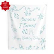 The Summer I turned 40th Birthday Decor Any Age Multi Color Birthday Banner Custom Birthday Party Backdrop Sea Animals Beach Party Sign