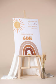 Here Comes the Son Baby Shower Sign Printed Sun Rainbow Baby Sprinkle Foamboard Sunshine Rainbow Boho Retro Boy Baby Shower Entrance Poster