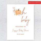 Printed Pumpkin Oh Baby Welcome Sign Autumn Baby Shower Foamboard Boho Fall Baby Shower Decor Simple Modern Terracotta Poster Paper