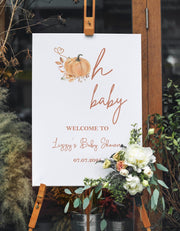 Printed Pumpkin Oh Baby Welcome Sign Autumn Baby Shower Foamboard Boho Fall Baby Shower Decor Simple Modern Terracotta Poster Paper