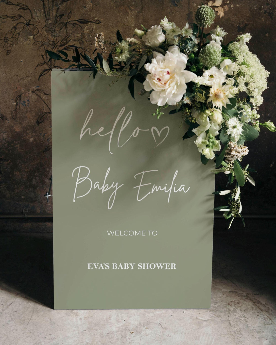 Printed Sage Green Baby Shower Welcome Sign Custom Name Foamboard Gender Neutral Hello Baby Poster Minimalist Baby Shower Decor