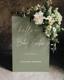 Printed Sage Green Baby Shower Welcome Sign Custom Name Foamboard Gender Neutral Hello Baby Poster Minimalist Baby Shower Decor