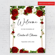 Printed Wedding Welcome Sign Elegant Wine color Floral Foamboard Red White Roses Decor Red Flowers Bridal Poster Engagement Entrance Sign