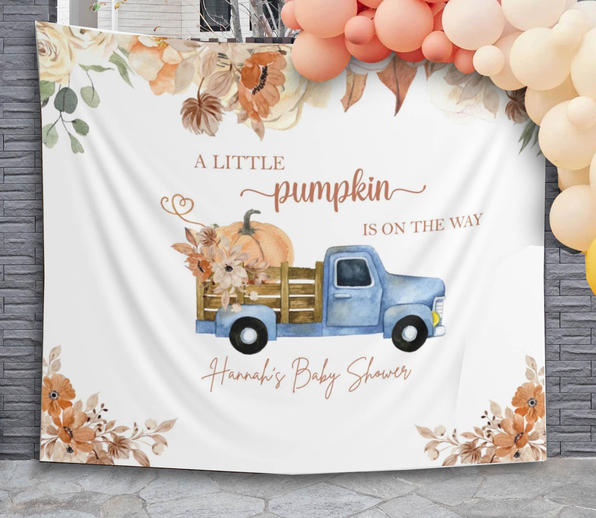 Little Pumpkin Baby Shower Backdrop Autumn Blue Truck Fall Theme Banner