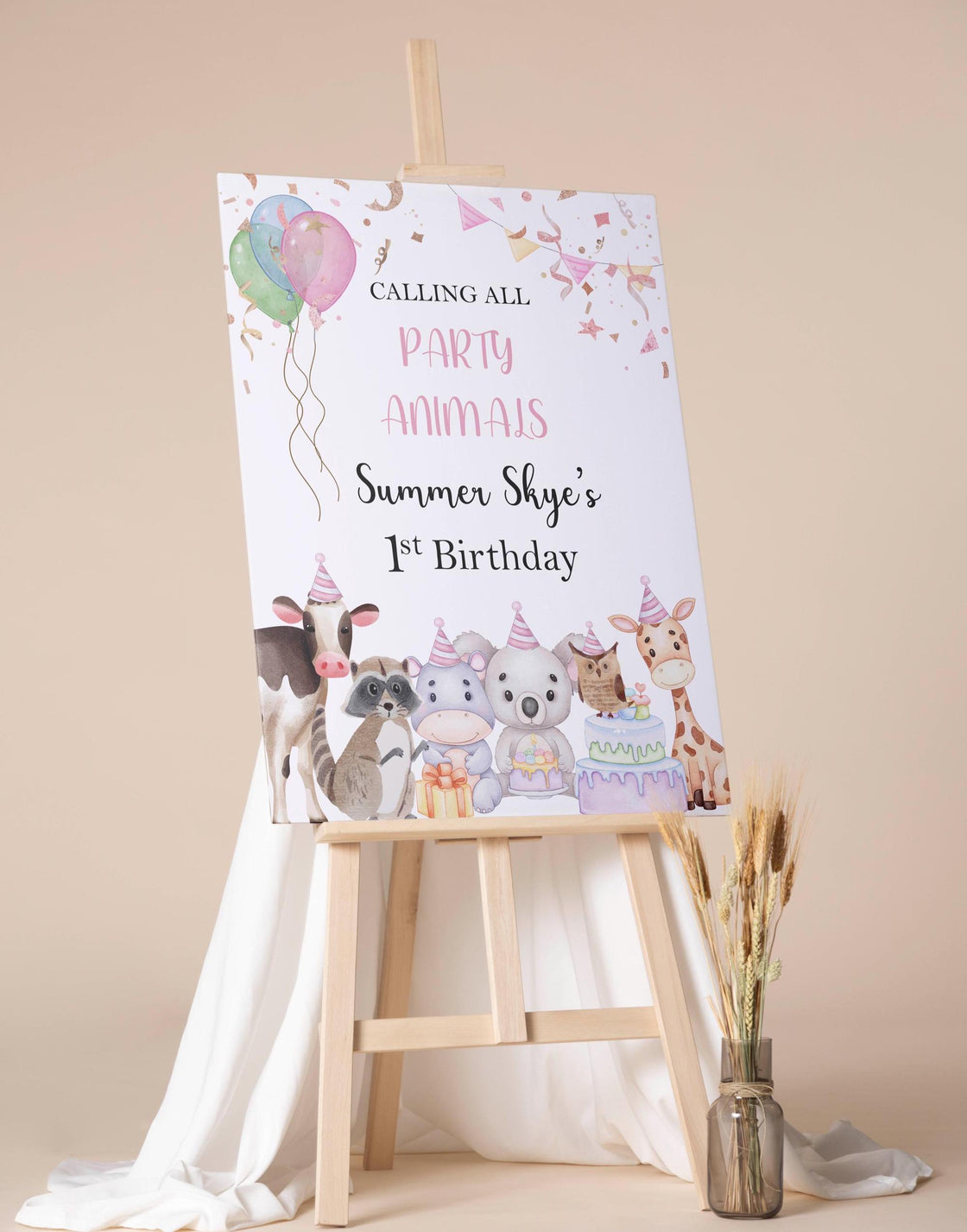 Party Animals Birthday Welcome Sign Kids Birthday Foamboard Cute Animals in Birthday Hats 1st Birthday Poster Printed Shipped Custom Sign