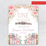 Pink Floral Girl Book Poster High Chair Party Sign One Year