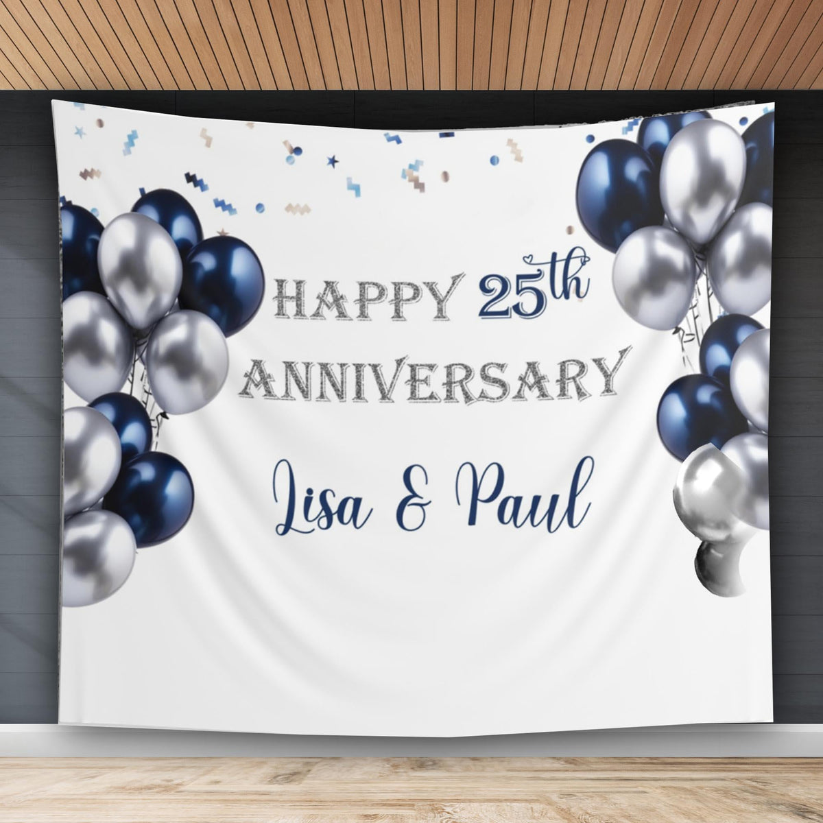 Happy Anniversary Backdrop Silver Navy Balloon Banner Custom Backdrop