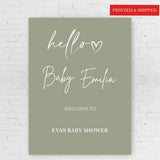 Printed Sage Green Baby Shower Welcome Sign Custom Name Foamboard Gender Neutral Hello Baby Poster Minimalist Baby Shower Decor