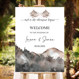 Printed Forest Mountain Welcome Sign Wedding Reception Foamboard Boho Adventure Begins Poster Elopement WeddingTravel Destination Theme