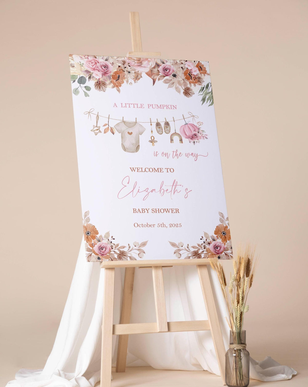 Autumn Baby Girl Welcome Sign Printed Baby Shower Decor Fall Pumpkin Clothline Baby Sprinkle Foamboard Laundry Boho Poster Little Pumpkin