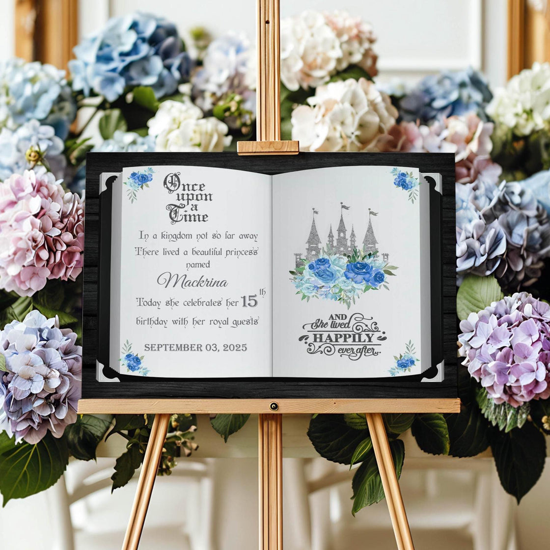 Princess Welcome Sign Printed Quince Party Decor Once Upon A Time Book Foamboard Sign Blue Silver Floral Princess Poster Fairytale Castle