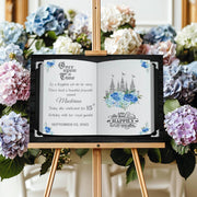 Blue Silver Princess Welcome Sign Printed Birthday Book Foamboard Blue Floral Princess Poster Fairytale Once Upon a Time Castle Sign