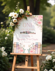 1st Birthday Party Sign One for the Books Welcome Sign Printed First Chapter Fomboard Pink Floral Girl Book Poster High Chair Party Sign