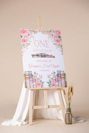 One for the Books Welcome Sign Printed First Chapter 1st Birthday Party Fomboard Pink Floral Girl Book Poster High Chair Party Sign One Year
