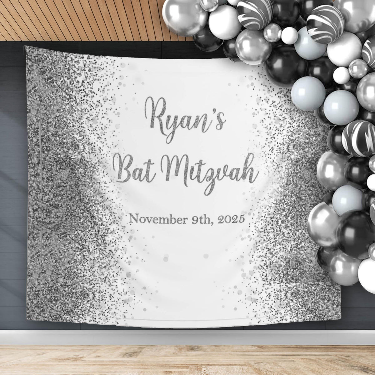Bat Mitzvah Decor for boy or girl Custom Silver Glitter Backdrop