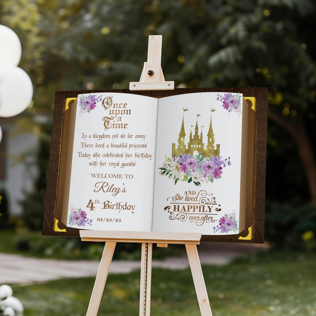 Lavender Princess Birthday Sign Printed Once Upon a Time Foamboard Personalized Purple Floral Castle Poster Custom Fairytale Storybook Decor