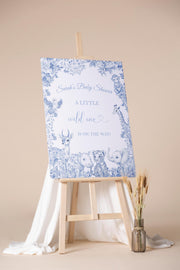 Toile Baby Shower Welcome Sign Printed Safari Jungle Baby Shower Foamboard Printed Little Wild One Dusty Blue Animals Baby Sprinkle Decor