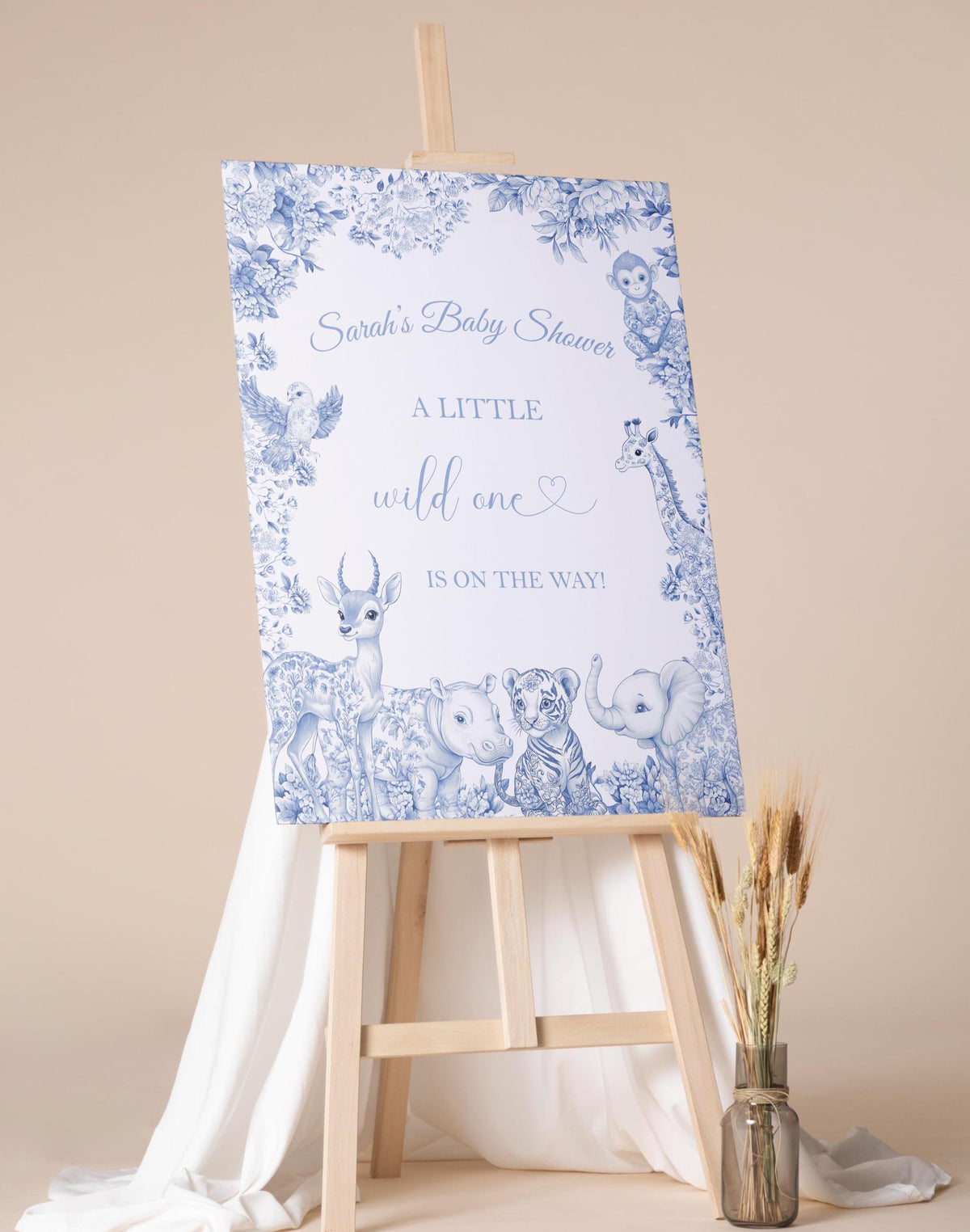 Safari Jungle Baby Shower Decor Toile Baby Shower Welcome Sign Printed Foamboard Little Wild One Dusty Blue Animals Baby Sprinkle Poster