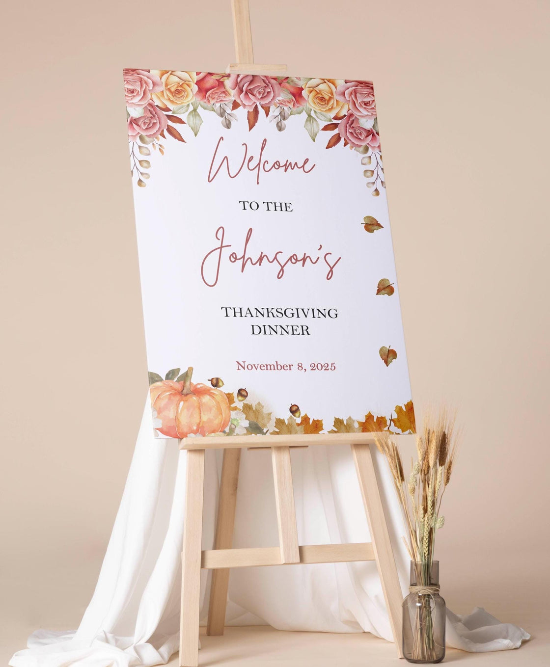 Thanksgiving Family Decor Printed Welcome Sign Lets Give Thanks Foamboard Personalized Thanksgiving Poster Pumpkin Friendsgiving Autumn Deco