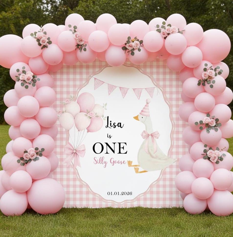 Pink Gingham Silly Goose 1st Birthday Banner One year old Birthday Decor