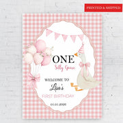 One Silly Goose Birthday Sign Pink Gingham Printed 1 Year Old Goose Party Foamboard Girl Coquette Bow Balloon Decor Firsrt Birthday Poster
