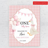 One Silly Goose Birthday Sign Pink Gingham Printed 1 Year Old Goose Party Foamboard Girl Coquette Bow Balloon Decor Firsrt Birthday Poster