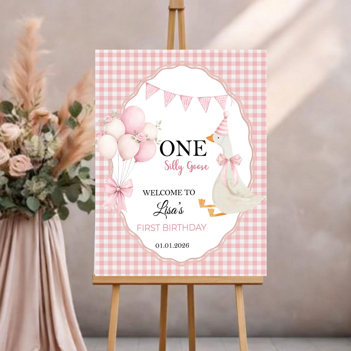 One Silly Goose Birthday Sign Pink Gingham Printed 1 Year Old Goose Party Foamboard