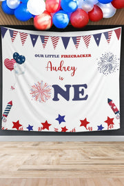 4th of July Decor First Birthday Backdrop Firecracker Blue Red Fourth of July Birthday One Year Old Stars Stripe Banner Independence Party