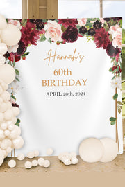 Burgundy Blush Pink Floral Birthday Backdrop Women Floral Party Banner Custom Backdrop Red Arch Background 60th Birthday Photo Booth Decor