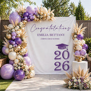 Personalized Graduation Backdrop: Class of 2026, Purple Gold Grad Cap Banner