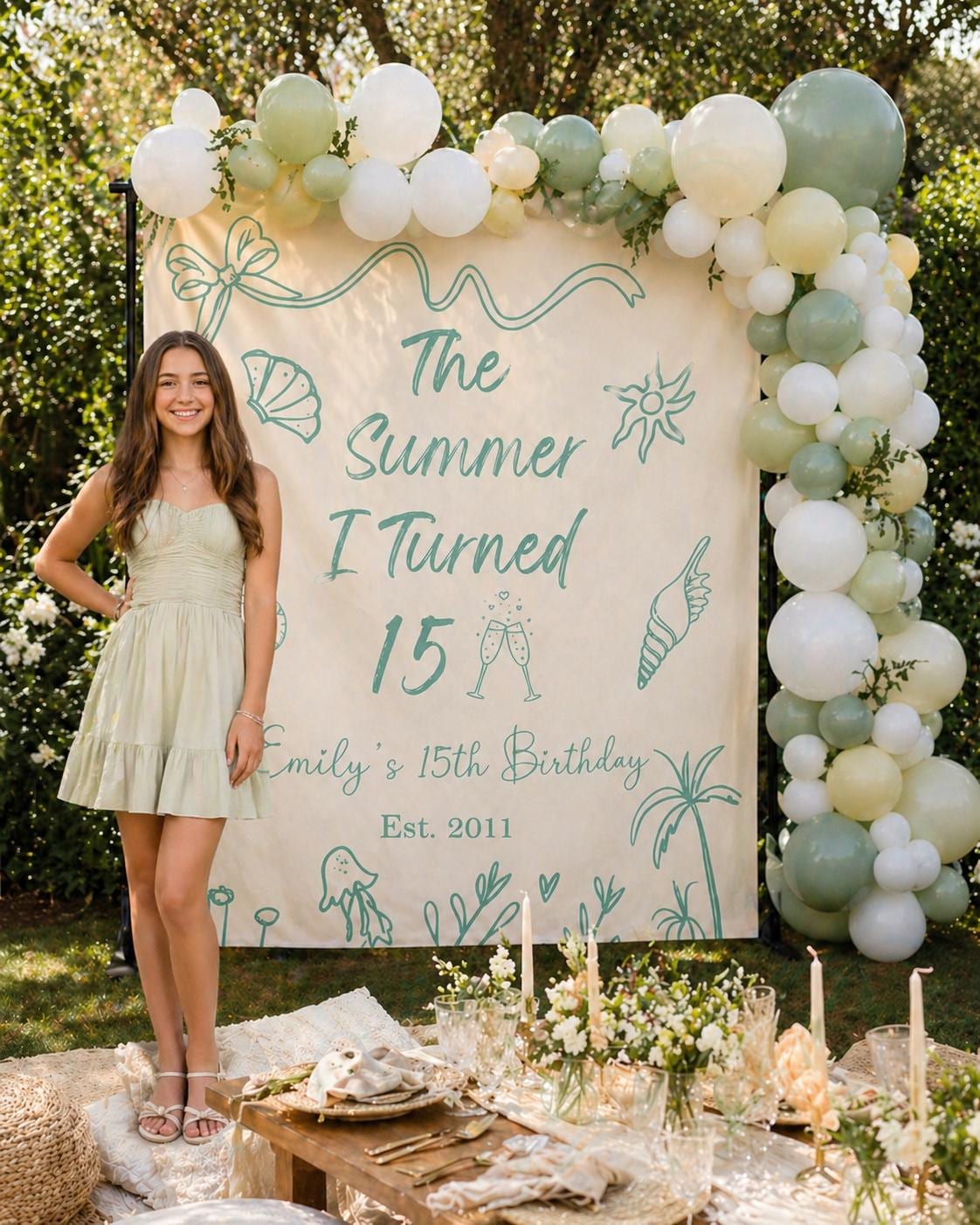Beach Party Birthday Backdrop, The Summer I Turned, Custom Name Coastal Beach Seashells Banner, Ocean Theme