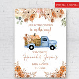 Fall Pumpkin Baby Shower Sign: Blue Truck Welcome Poster Printed and Shipped Foamboard