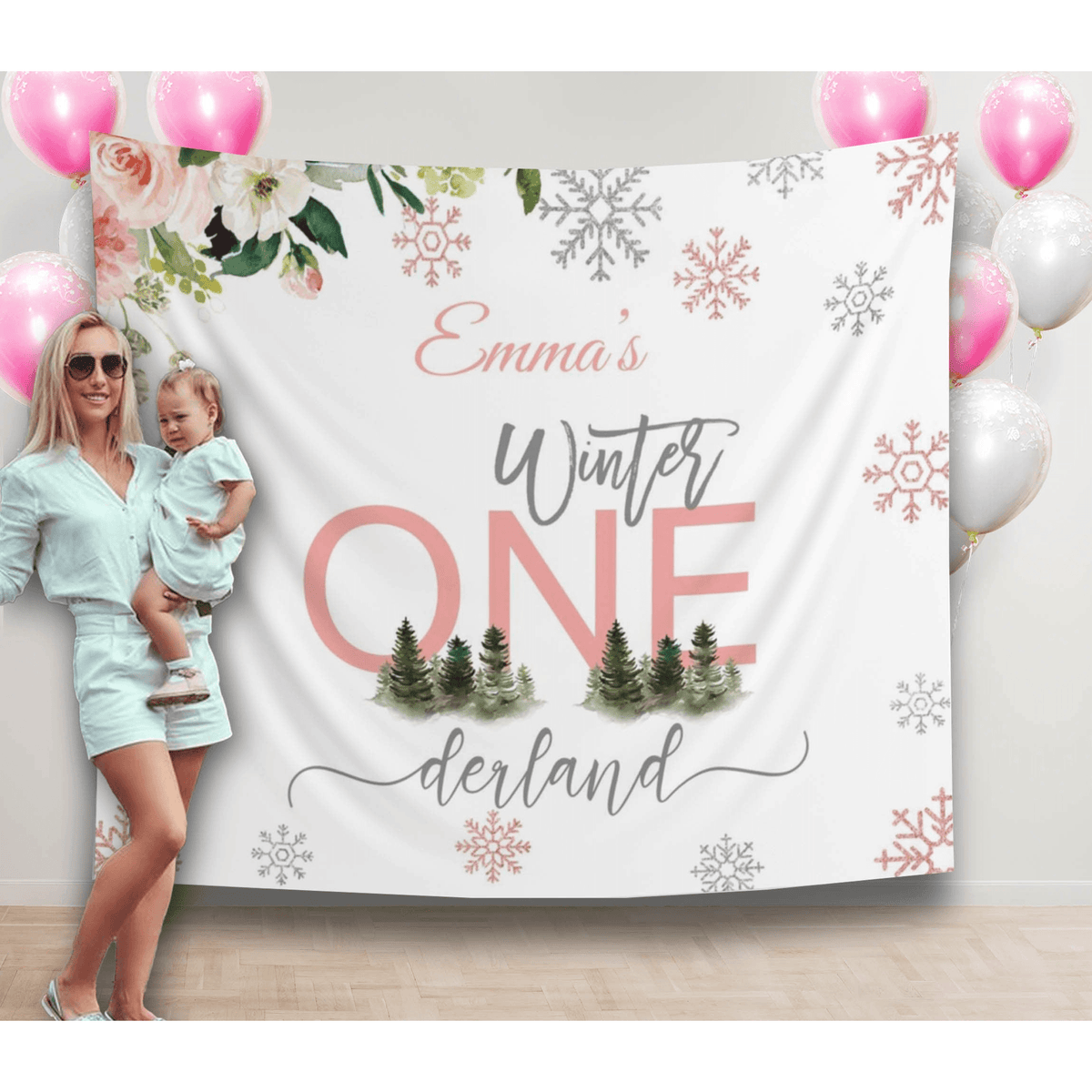 Pink Winter ONEderland Girl Birthday Backdrop - iJay Backdrops