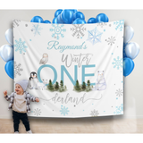 Blue Winter Onederland Snow Flakes Birthday backdrop, Boy Winter Party Backdrop