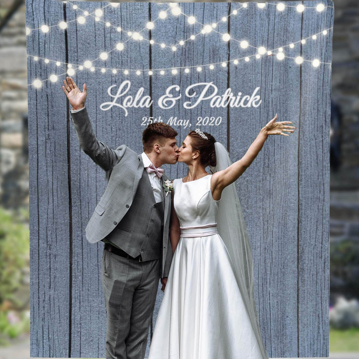Rustic Gray Wedding Backdrop With Lights - iJay Backdrops