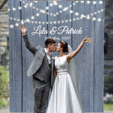 Rustic Gray Wedding Backdrop With Lights