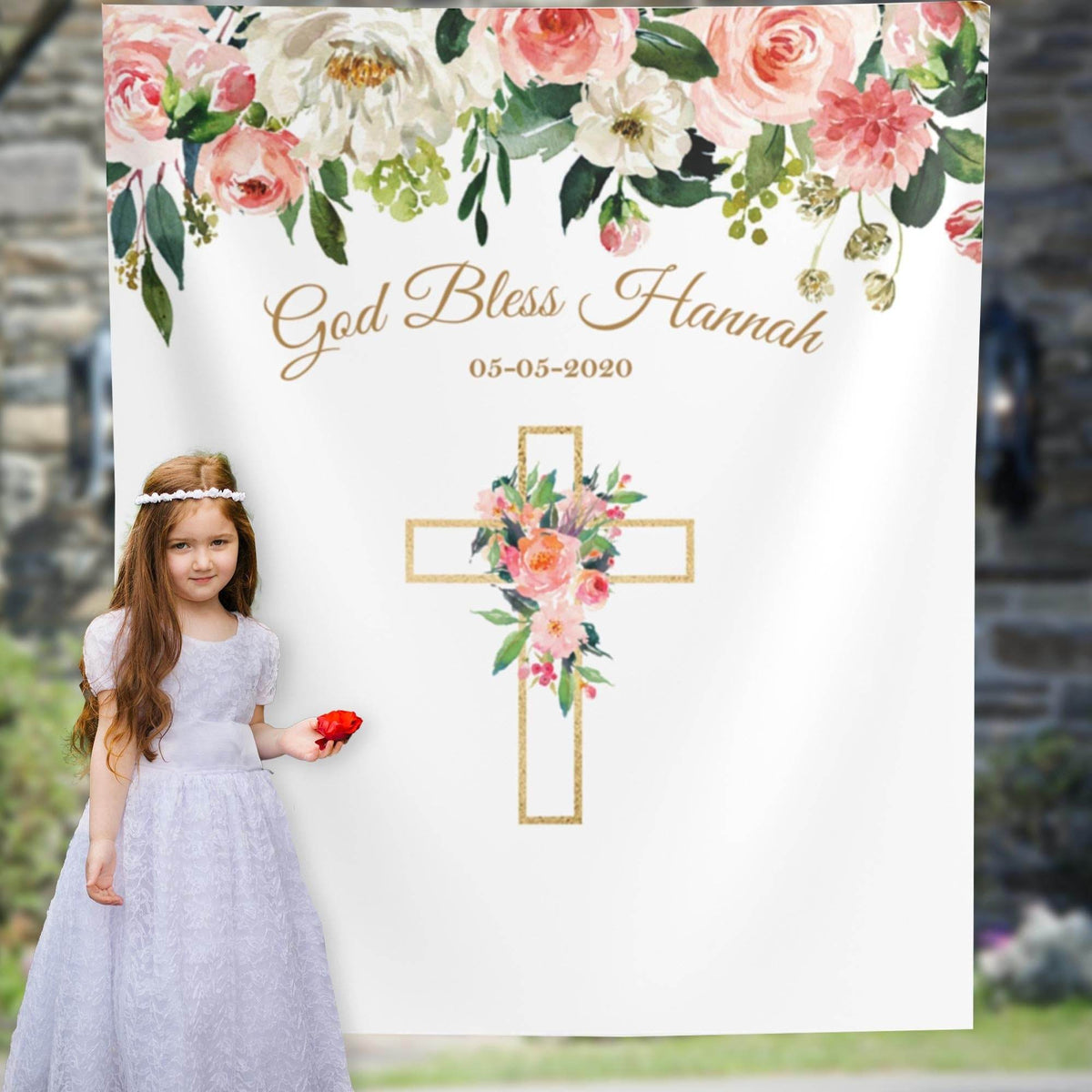 Pink Floral Girl Baptism Backdrop - iJay Backdrops