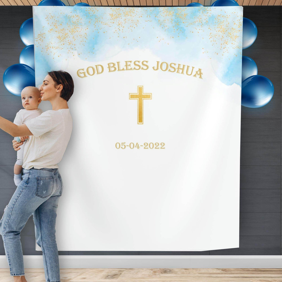 Blue Christening Backdrop, Boy Baptism Backdrop - iJay Backdrops