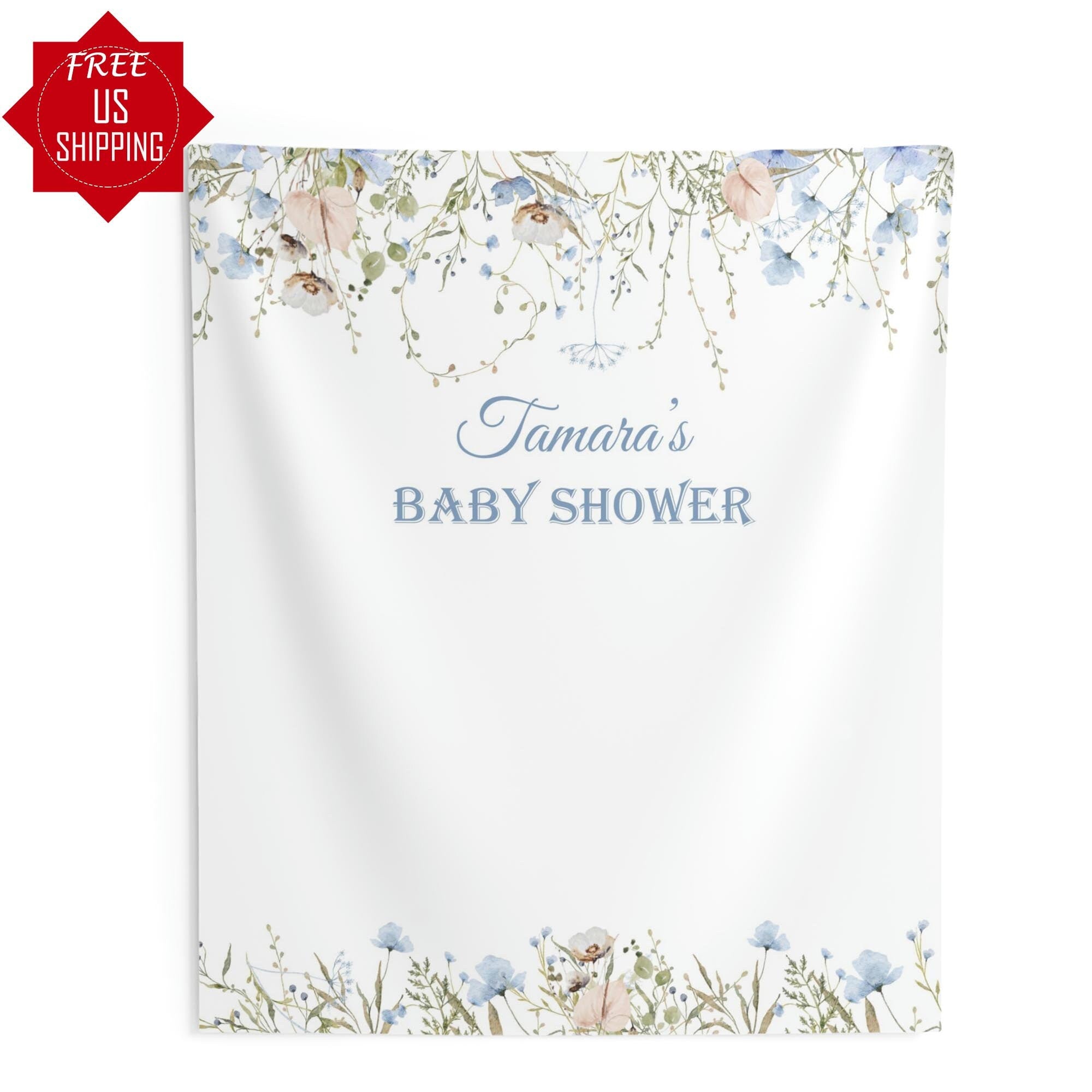 Blue Wildflower Dusty Pink Baby Shower Backdrop