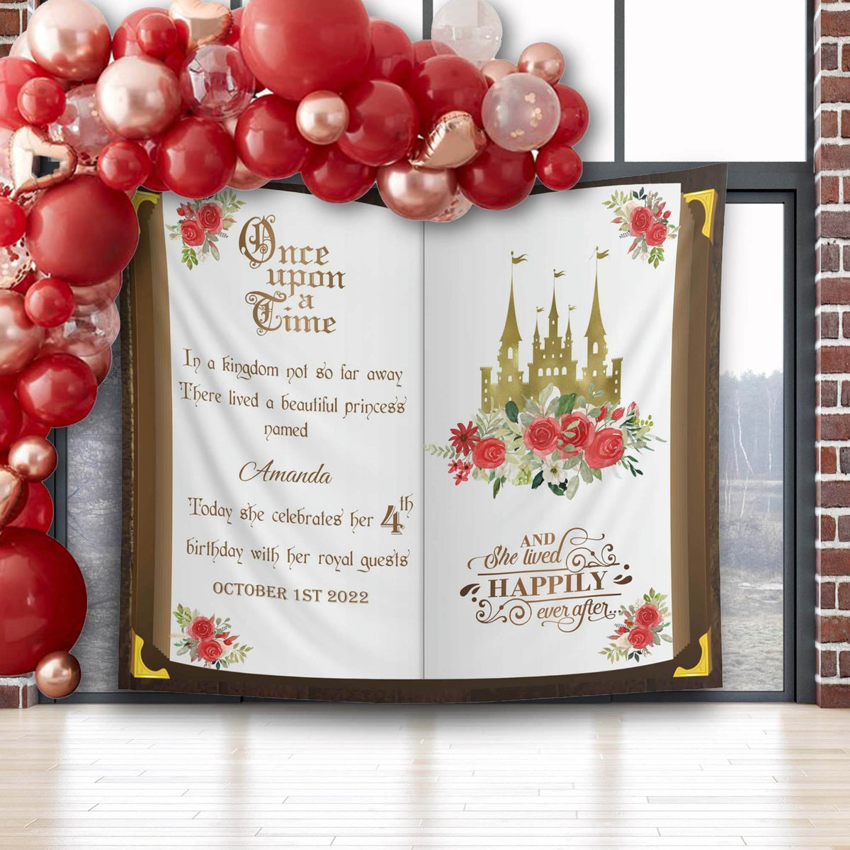 Red Roses Birthday Decor Once Upon a Time Birthday Backdrop Princess Party Banner Royal Castle Fairytale Background Derby Happy Birthday - iJay Backdrops