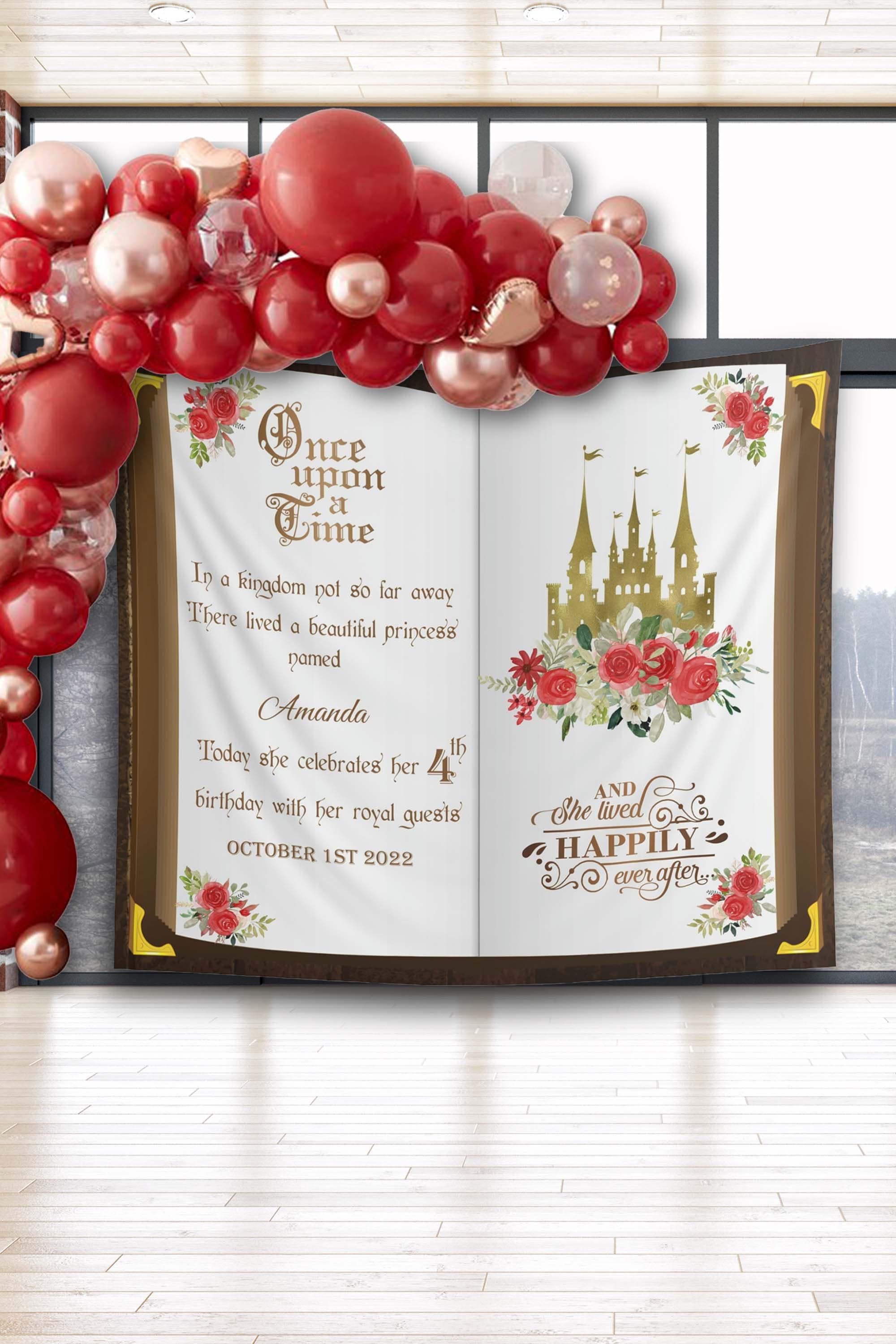 Red Roses Birthday Decor Once Upon a Time Birthday Backdrop Princess Party Banner Royal Castle Fairytale Background Derby Happy Birthday