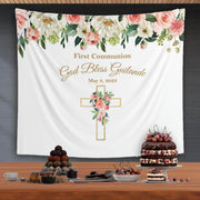 Girl Floral Gold Cross Baptism Backdrop - iJay Backdrops