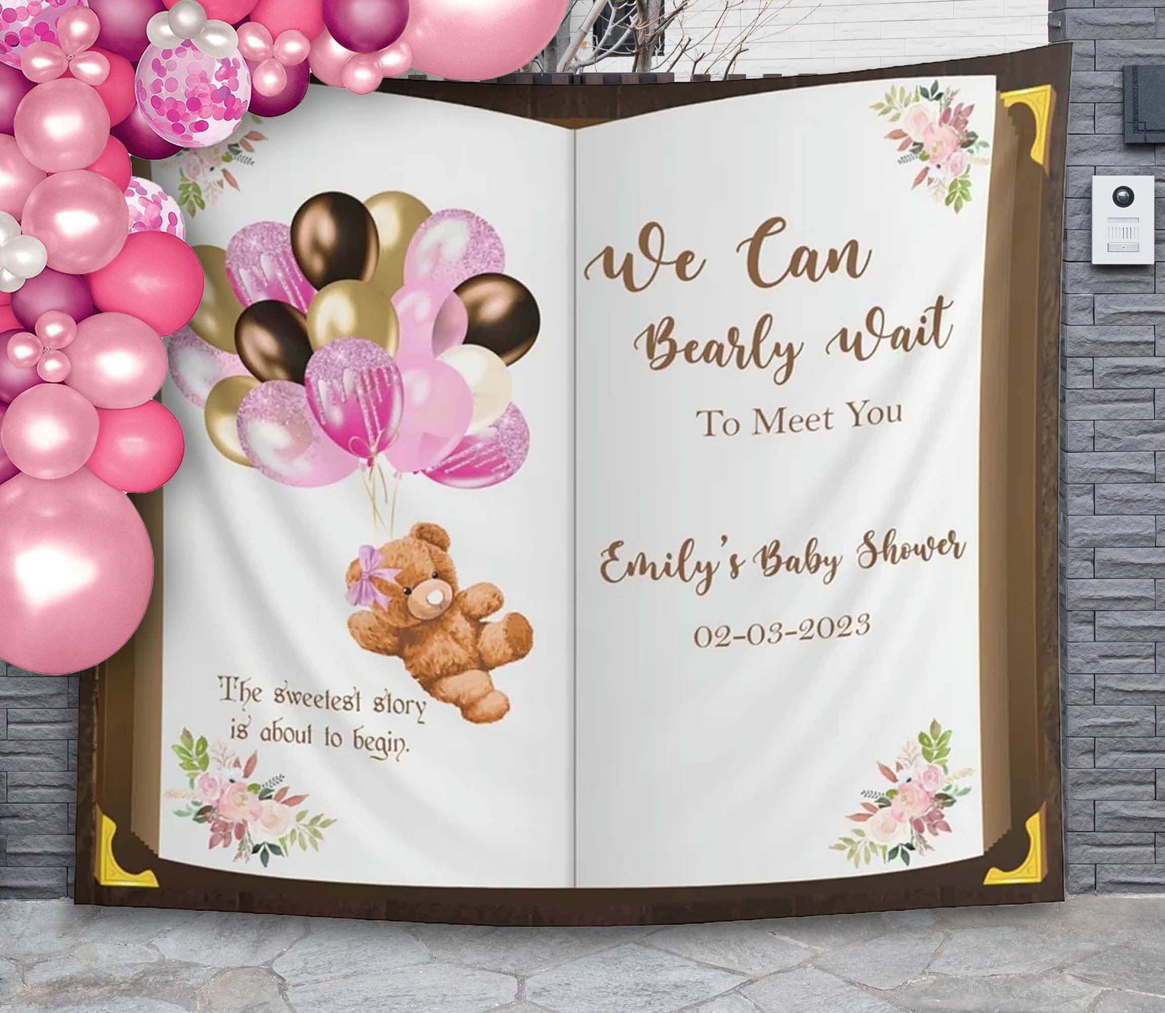 Pink Bear We can Bearly Wait Baby Shower Backdrop
