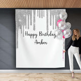 Silver White Birthday Party Backdrop Personalized Silver Dripping Glitter Photo booth Silver Sparkles Custom Backdrop Girl Birthday Dinner