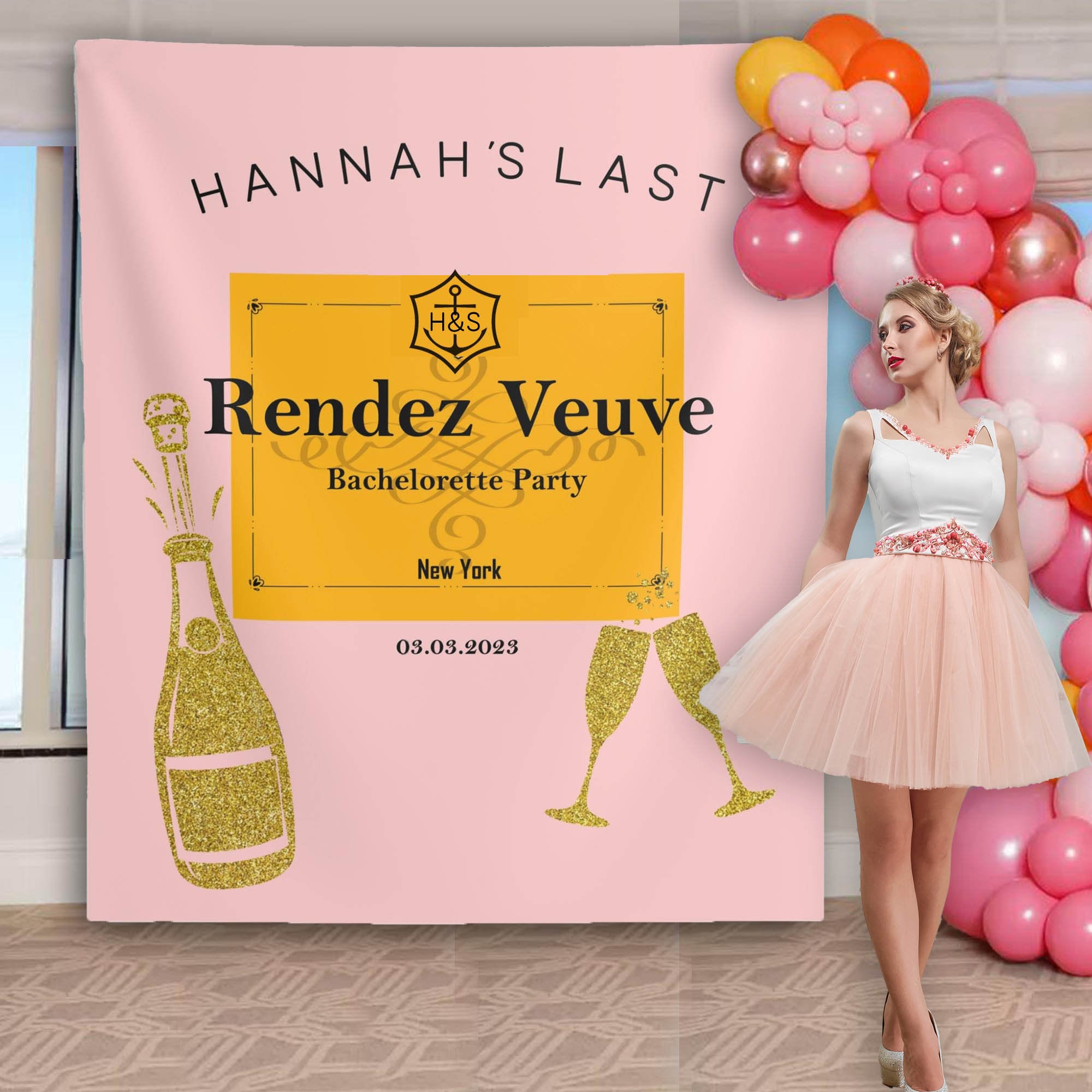 Veuve Champagne Pink Orange Bachelorette Party Backdrop