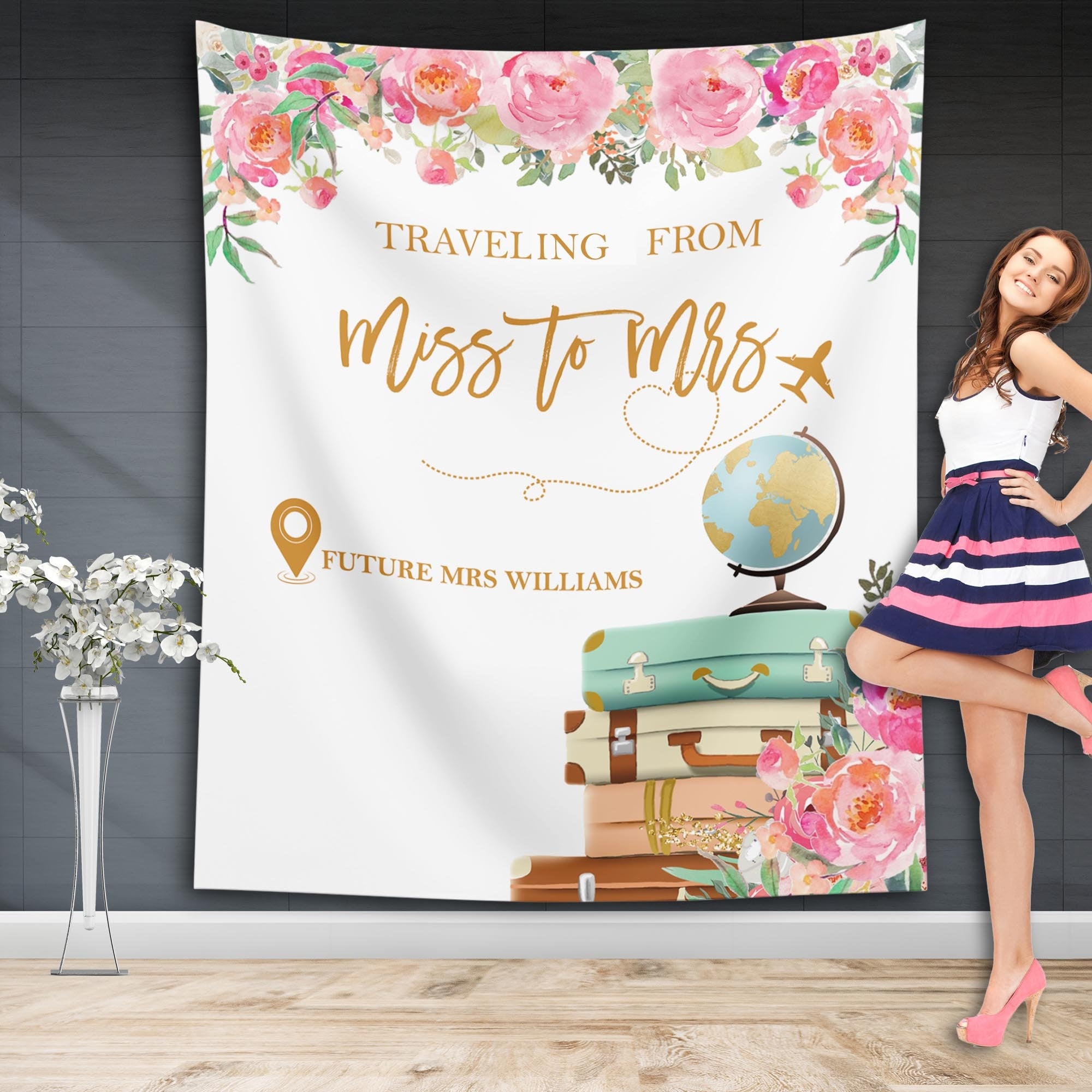 Pink Floral Travel, Miss to Mrs. Bachelorette Party Backdrop