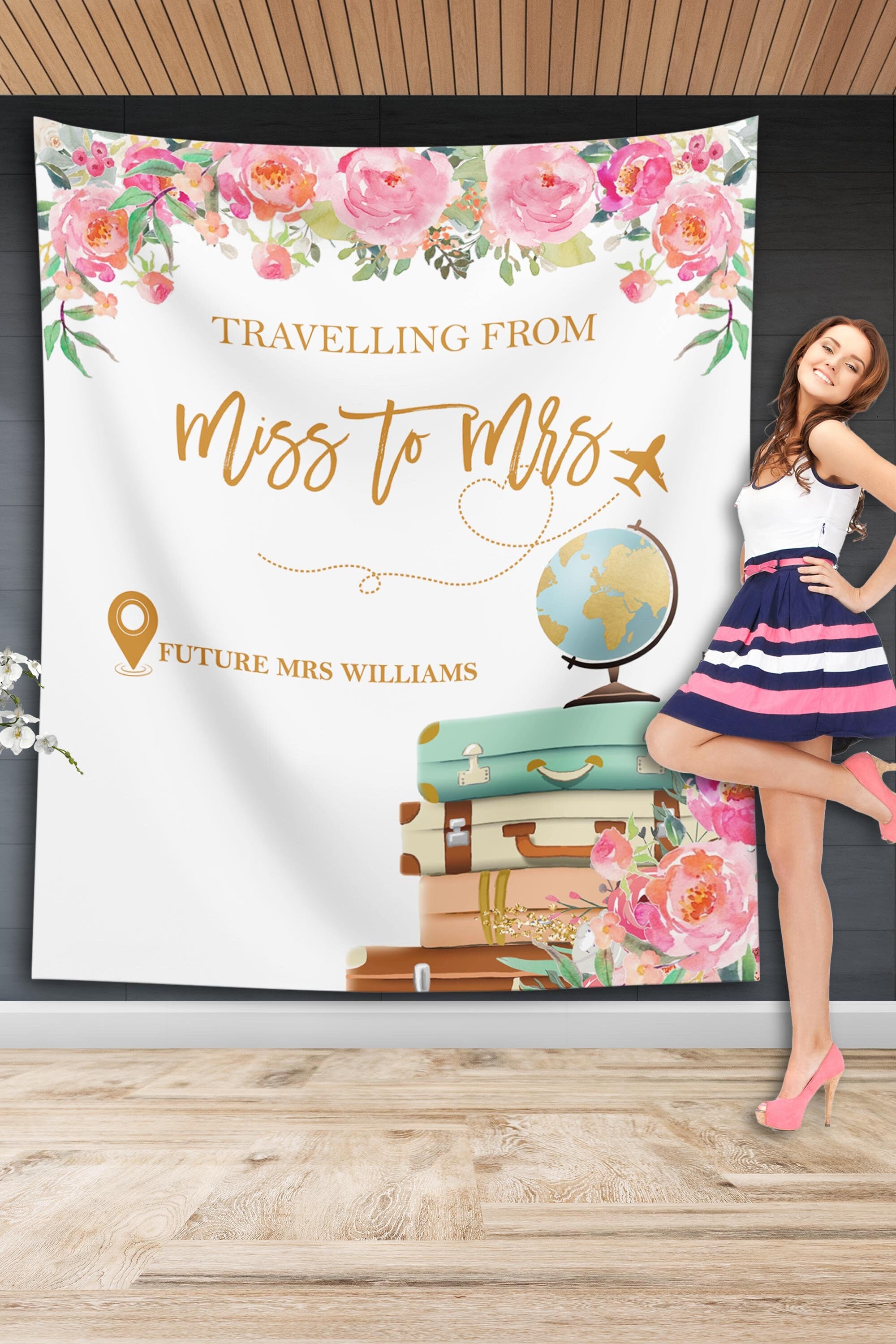 Pink Floral Travel, Miss to Mrs. Bachelorette Party Backdrop