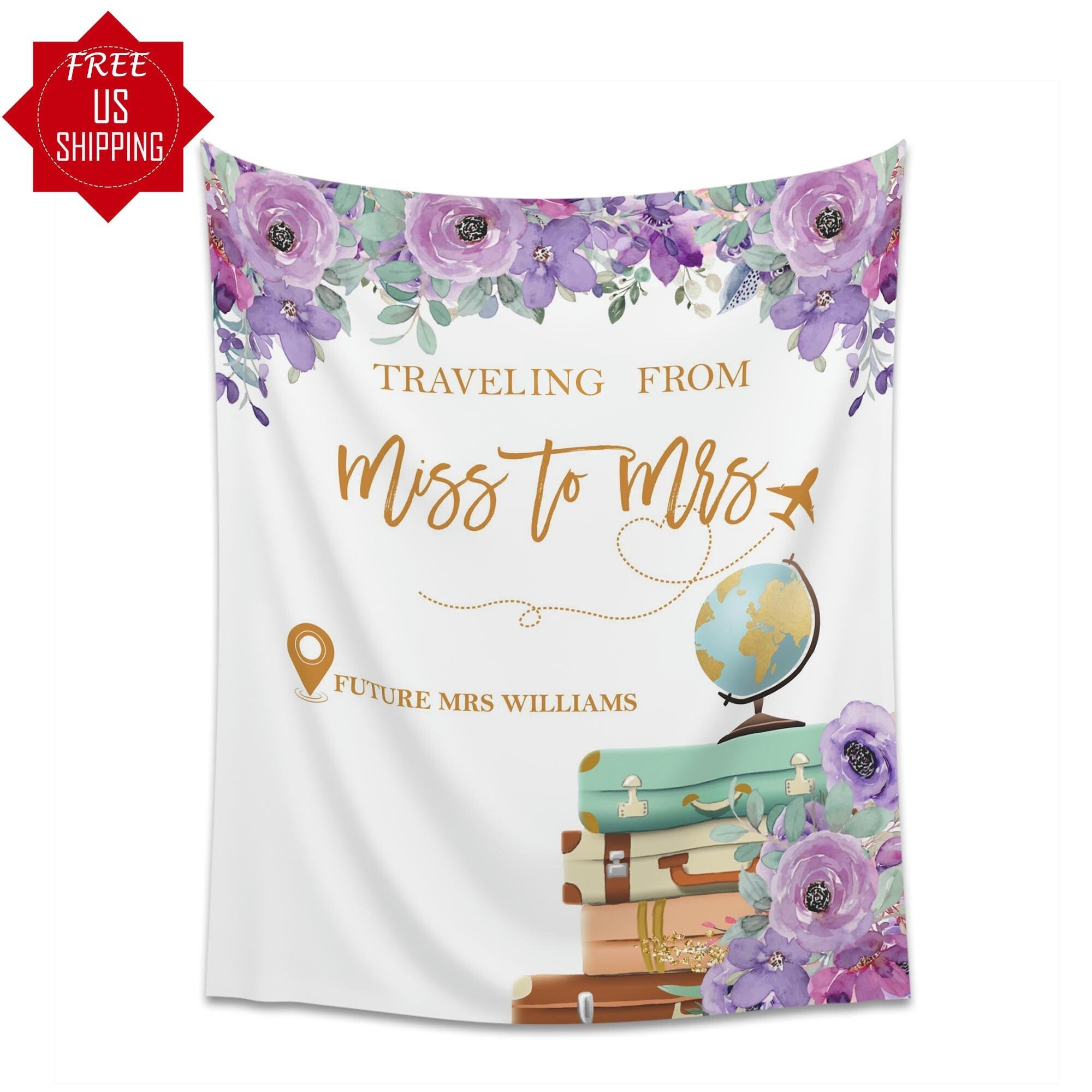 Traveling from Miss to Mrs. Purple Floral Bridal Shower Backdrop